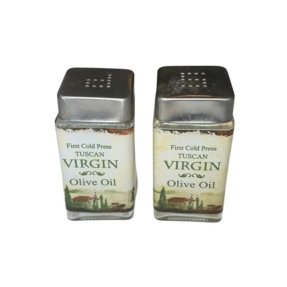 Tuscan Olive Oil Glass Salt Pepper Shakers Set‎ Square Metal Lids Kitchen Decor